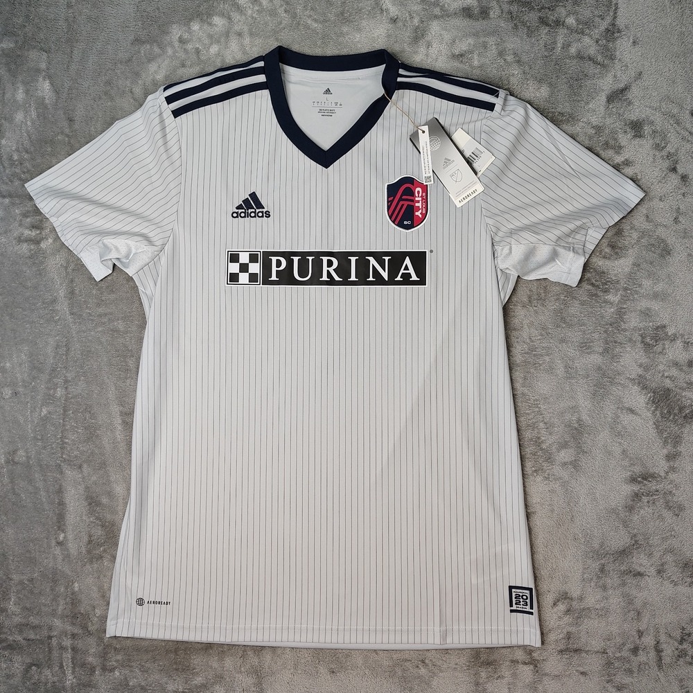 Adidas Jersey Mens L‎ Gray Striped St. Louis City SC 2023 Inaugural Season MLS